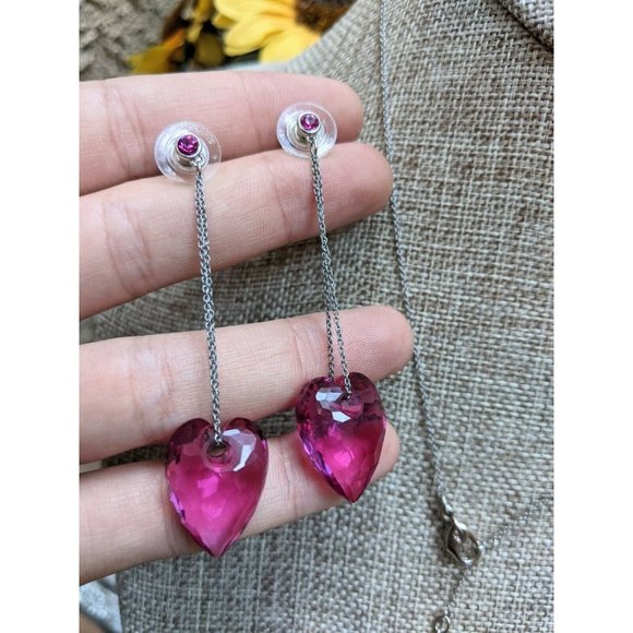 Swarovski Swan Brand Fuchsia Pink Crystal Heart Necklace Earrings Jewelry Set - Picture 8 of 11